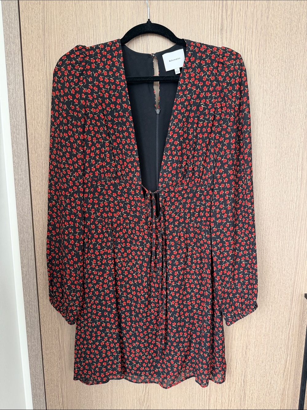 Reformation Black Long Sleeve Mini Dress with Red Floral Print